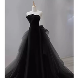 Sexy Mermaid Strapless Sleeveless Black Satin Long Prom Dress HZ1024