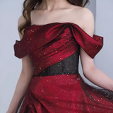 Sexy A line Off The Shoulder Short Sleeves Burgundy Tulle Long Prom Dress HZ1024