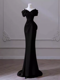 Sexy Mermaid Spaghetti Straps Black Satin Long Prom Dress HZ1024