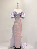 Sexy Mermaid Short Sleeves Satin Sequin Long Sequin Prom Dresses HZ1024