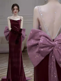 Sexy Mermaid Straps Velvet Burgundy Long Prom Dresses HZ1024