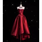 Sexy High Low Strapless Satin Burgundy Long Prom Dresses HZ1024