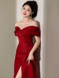 Sexy Mermaid Off The Shoulder Short Sleeves Satin Burgundy Prom Dresses HZ1024