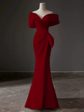 Sexy Mermaid Off The Shoulder Short Sleeves Satin Burgundy Prom Dresses HZ1024
