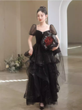 Sexy A Line Short Sleeves Black Prom Dress Tulle Birthday Outfits HZ1024