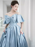 Modest A line Off The Shoulder Satin Light Sky Blue Prom Dress Long Evening Dress HZ1024