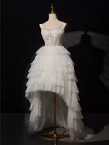 Sexy High Low Straps Sleeveless White Tulle Long Prom Dress HZ1024