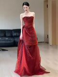 Simple A Line Strapless Tulle Burgundy Long Prom Dresses HZ1024