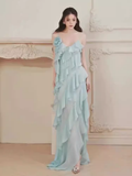 Simple A Line Spaghetti Straps Sleeveless Slit Chiffon Prom Dress HZ1024