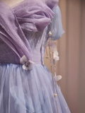 Fairytale A Line Off The Shoulder Short Sleeves Tulle Long Prom Dress HZ1024