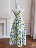 Simple A line Spaghetti Straps Satin Floral Prom Dress HZ1024