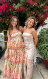 Modest Ball Gown Spaghetti Straps Pink Flowers Long Prom Dress HZ1024