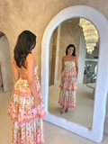 Modest Ball Gown Spaghetti Straps Pink Flowers Long Prom Dress HZ1024