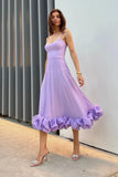 Vintage A line Spaghetti Straps Lilac Satin Evening Dress Ruffles Prom Dresses HZ1024