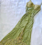 Vintage A Line Spaghetti Straps Green Long Lace Evening Dress Prom Dresses Birthday Outfits HZ1024