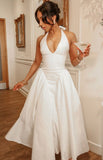 Vintage A line Halter White Satin Evening Dress Ankle Length Prom Dresses HZ1024