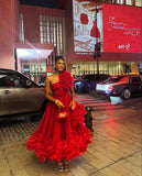 Pretty Ball Gown One Shoulder Red Tulle Ruffles Evening Dress Prom Dresses HZ1024