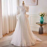 Beautiful A line High Neckline Lace White Wedding Dresses With Bownot HZ1024