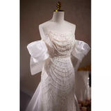 Luxury Mermaid Sweetheart Tulle Sequin White Wedding Dresses With Removable Bownot HZ1024