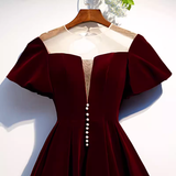 Simple A line Short Sleeves Velvet Red Bridesmaid Dress HZ1024