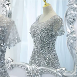 Sparkle A line Scoop Tulle Beads Long Gray Prom Dresses HZ1024