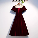 Simple A line Short Sleeves Velvet Red Bridesmaid Dress HZ1024