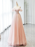 A-Line Sweetheart Neck Off Shoulder Tulle Pink Long Prom Dress HZ1024