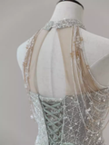 Sparkly A Line High Neckline Silver Sequin Long Prom Dress HZ1024