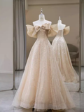 Sparkly A Line Off The Shoulder Champagne Sequin Long Prom Dress HZ1024