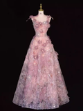 Sparkly A Line Straps Pink Floral Long Prom Dress HZ1024