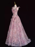 Sparkly A Line Straps Pink Floral Long Prom Dress HZ1024