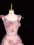 Sparkly A Line Straps Pink Floral Long Prom Dress HZ1024