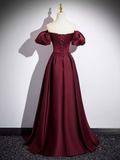 Simple A line Strapless Satin Burgundy Long Prom Dress HZ1024