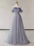 Simple A line Strapless Short Sleeves Tulle Long Prom Dress HZ1024