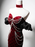 Unique Mermaid Velvet Burgundy Long Prom Dress HZ1024