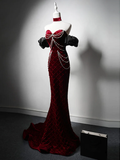 Unique Mermaid Velvet Burgundy Long Prom Dress HZ1024