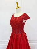 A-Line Scoop Neckline Satin Lace Burgundy Long Prom Dress HZ1024