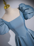 Simple A-Line Satin Blue Long Prom Dress HZ1024