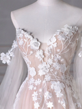 A-Line Long Sleeves Tulle Lace Champagne Long Prom Dress HZ1024