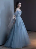 Sexy A line Straps Gray Tulle Long Prom Dress HZ1024