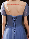 Elegant A line Short Sleeves Long Blue Prom Dress HZ1024