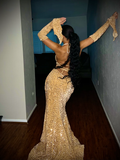 Sexy Mermaid Halter Red Sequin Long Prom Dress With Gloves HZ1024