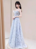 Sexy A line Strapless Blue Lace Long Prom Dress HZ1024