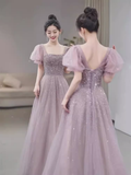 A line Square Neckline Puffy Sleeves Tulle Long Prom Dress HZ1024