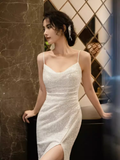 Sexy Mermaid Straps Sequin White Long Prom Dress HZ1024