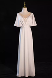 Sexy A line Short Sleeves Lace White Long Prom Dress HZ1024