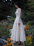 Vintage A line Sleeveless White Lace Prom Dress HZ1024