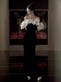Vintage Mermaid Off The Shoulder Black Velvet Prom Dress HZ1024