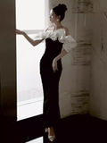 Vintage Mermaid Off The Shoulder Black Velvet Prom Dress HZ1024