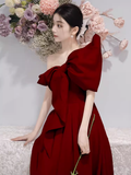 Modest A Line Strapless Red Satin Long Prom Dresses HZ1024